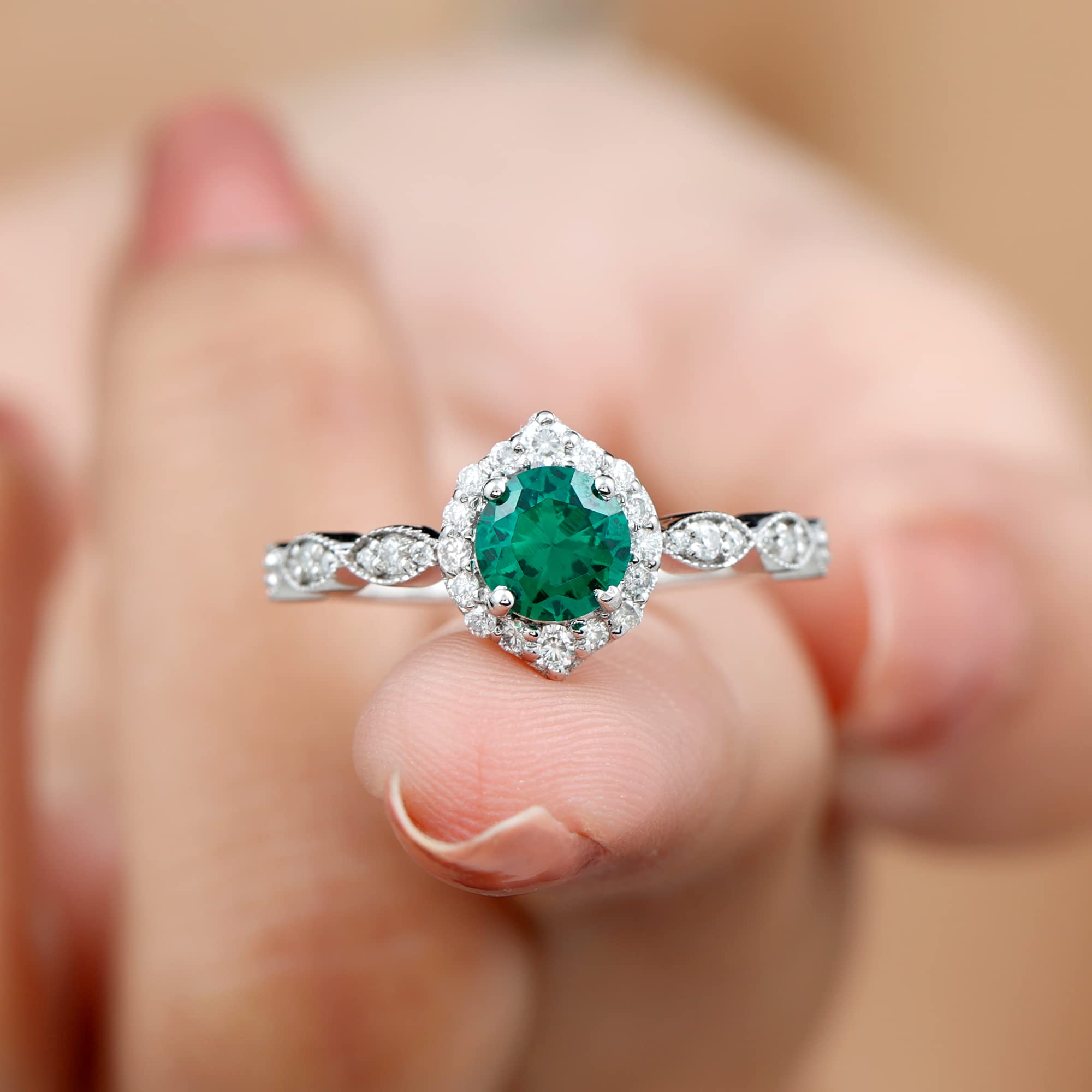 Lab Grown Emerald Diamond Engagement Ring, AAAA Quality, Certified 6 MM Round Emerald Halo Ring (With Jewelry Box), 14K White Gold, Size:US 5.00