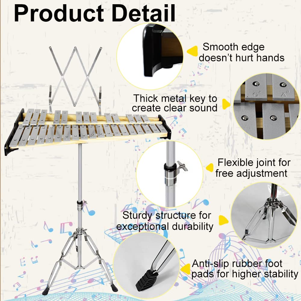 ENNBOM 32 Note Natural Glockenspiel Kit Xylophone with Adjustable Stand Professional Percussion Instrument Set (32 note, Natural)