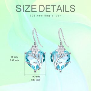 TOUPOP March Birth Flower Earrings 925 Sterling Silver Daffodils Floral Dangle Drop Hooks Earrings with Heart Aquamarine Birthstone Birthday Birth Moth Flower Jewelry Gifts for Women