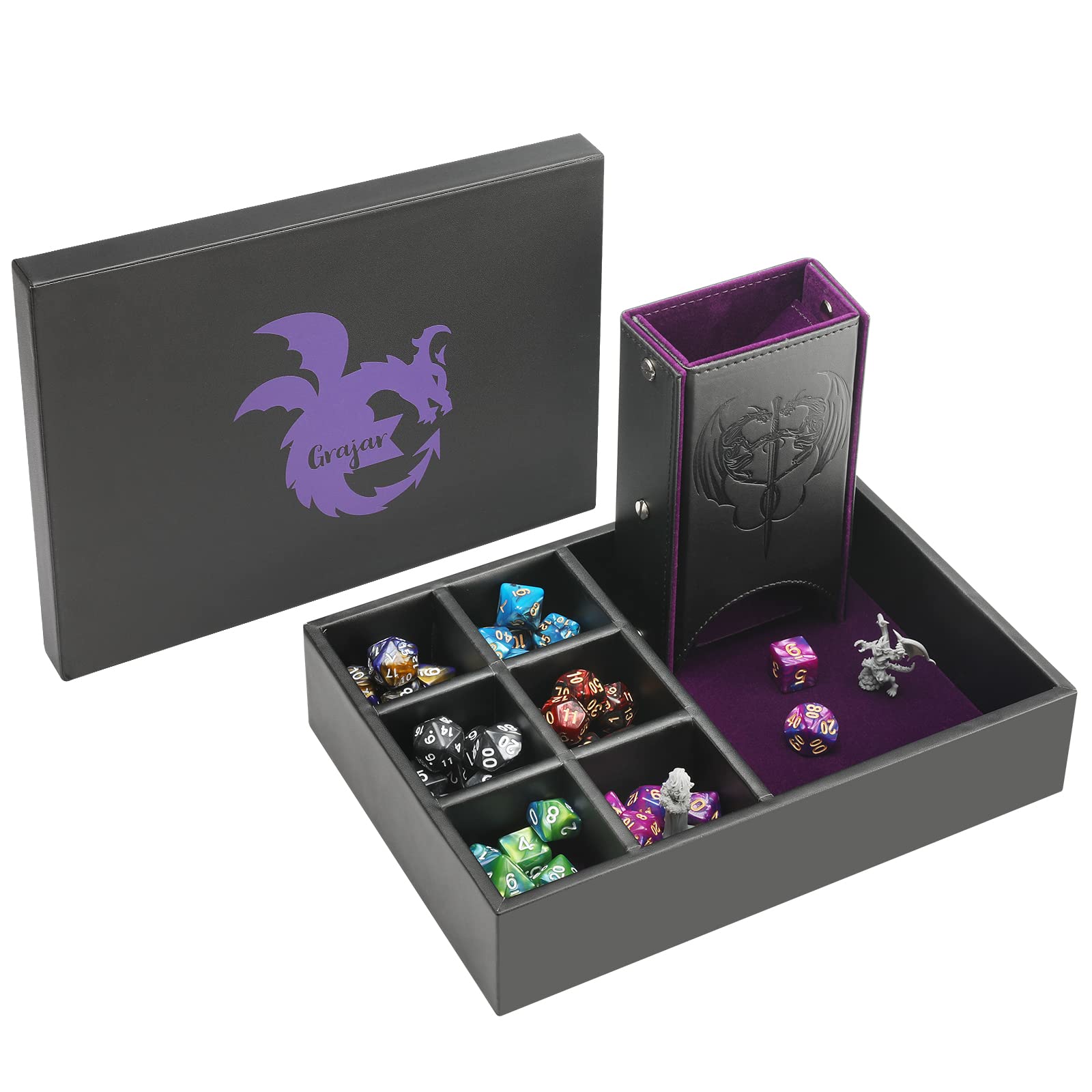 Grajar DND Dice Tray and Dice Tower with Storage, 3 in 1 Dice Rolling Tray with Lid, Portable Dice Box Storage, DND dice Holder for Dungeons and Dragons D&D RPG MTG Table Games - Purple