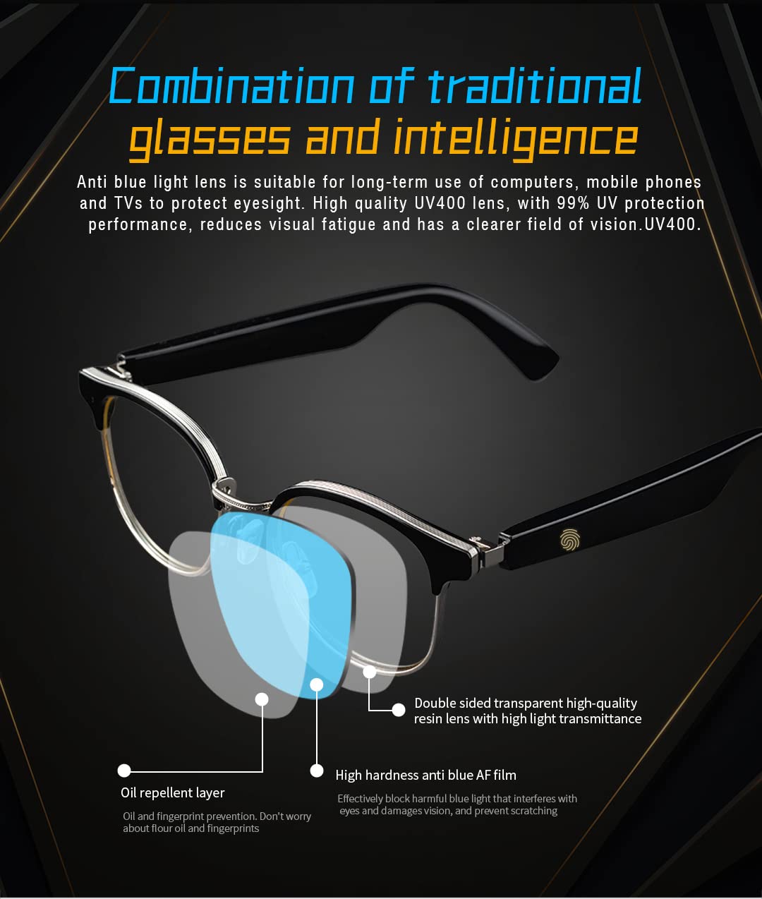 Smart Music Call Glasses Waterproof and Dustproof Anti -Blue Light Navigation Intelligent Voice Siri Awakening Sunglasses Metal Frame Personalized Headset Rose Gold (Bluck Gold-Anti -Blue Light)