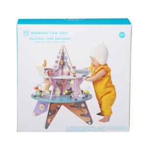 Manhattan Toy Double-Decker Celestial Star Explorer Wooden Activity Center with Shape Gliders, Spinners, Bead Runs and Alluring Artwork