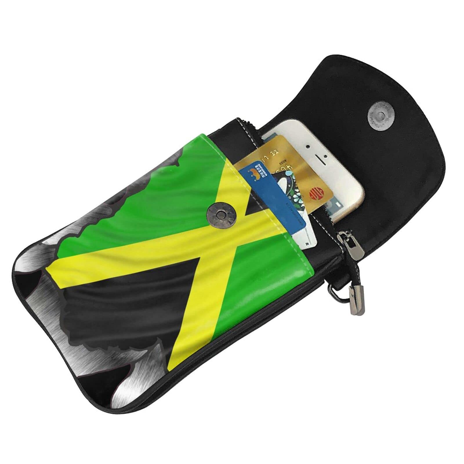 Ripped Torn Metal Jamaica Jamaican Flag Vinyl Crossbody Cell Phone Purse Women PU Crossbody bag Small crossbody wallet purse, Black 49