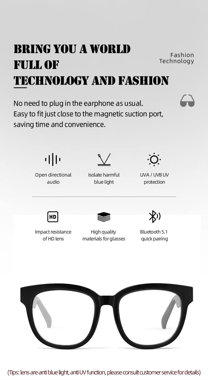 Smart Music Call Glasses Waterproof and Dustproof Anti -Blue Light Navigation Intelligent Voice Siri Awakening Sunglasses ABS Frame Personalized Headset (Round-Sunglasses)