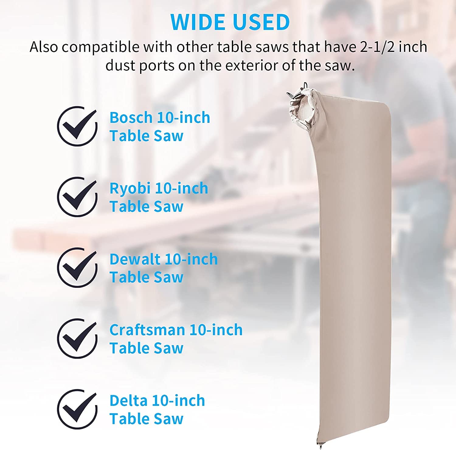 Table Saw Dust Collector Bag Fits Bosch/Dewalt/Makita/Ryobi/Craftsman/Porter Cable/RIGID/Metabo/Kobalt/Skilsaw/Delta/ (10" Tablesaws with 2.5" Dust Port)