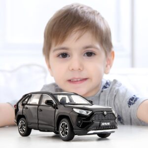 TGRCM-CZ Compatible for 1:32 Diecasting Alloy Toyota RAV4 Car Model Toy Car,Front Wheel Steering Car with Lights and Sound, Open Door for Kids Gift, Children Birthday Gift Black