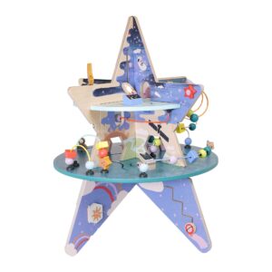 Manhattan Toy Double-Decker Celestial Star Explorer Wooden Activity Center with Shape Gliders, Spinners, Bead Runs and Alluring Artwork