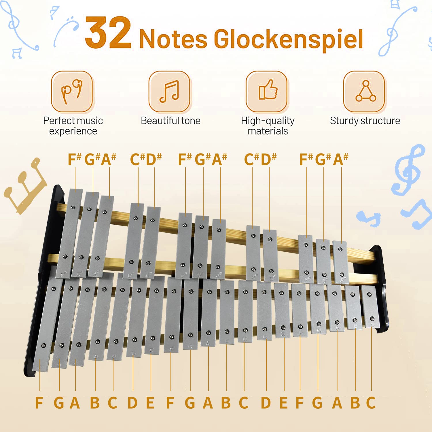 ENNBOM 32 Note Natural Glockenspiel Kit Xylophone with Adjustable Stand Professional Percussion Instrument Set (32 note, Natural)