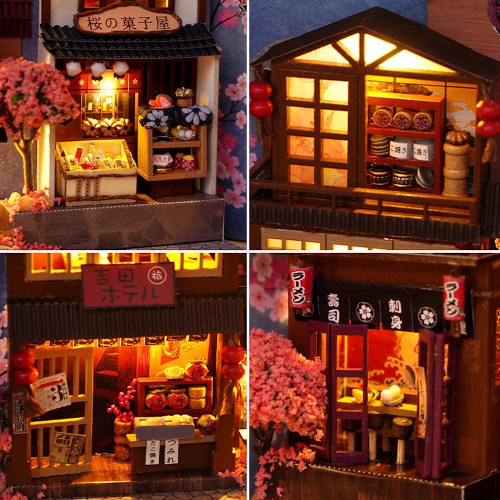 WYD Miniature Wooden Dollhouse Furniture Kit DIY 3D Puzzle Christmas Streetscape Building Model (Sakura Alley)