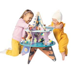 Manhattan Toy Double-Decker Celestial Star Explorer Wooden Activity Center with Shape Gliders, Spinners, Bead Runs and Alluring Artwork