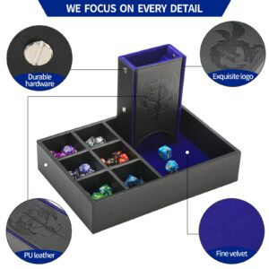 Grajar DND Dice Tray and Dice Tower with storage, 3 in 1 Dice Rolling Tray with Lid, Portable Dice Box Storage, DND dice holder for Dungeons and Dragons D&D RPG MTG Table Games - Blue