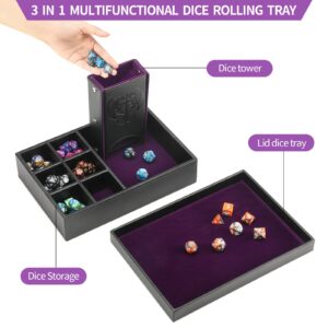 Grajar DND Dice Tray and Dice Tower with Storage, 3 in 1 Dice Rolling Tray with Lid, Portable Dice Box Storage, DND dice Holder for Dungeons and Dragons D&D RPG MTG Table Games - Purple