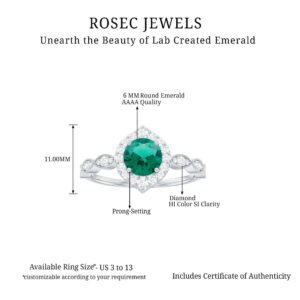 Lab Grown Emerald Diamond Engagement Ring, AAAA Quality, Certified 6 MM Round Emerald Halo Ring (With Jewelry Box), 14K White Gold, Size:US 5.00