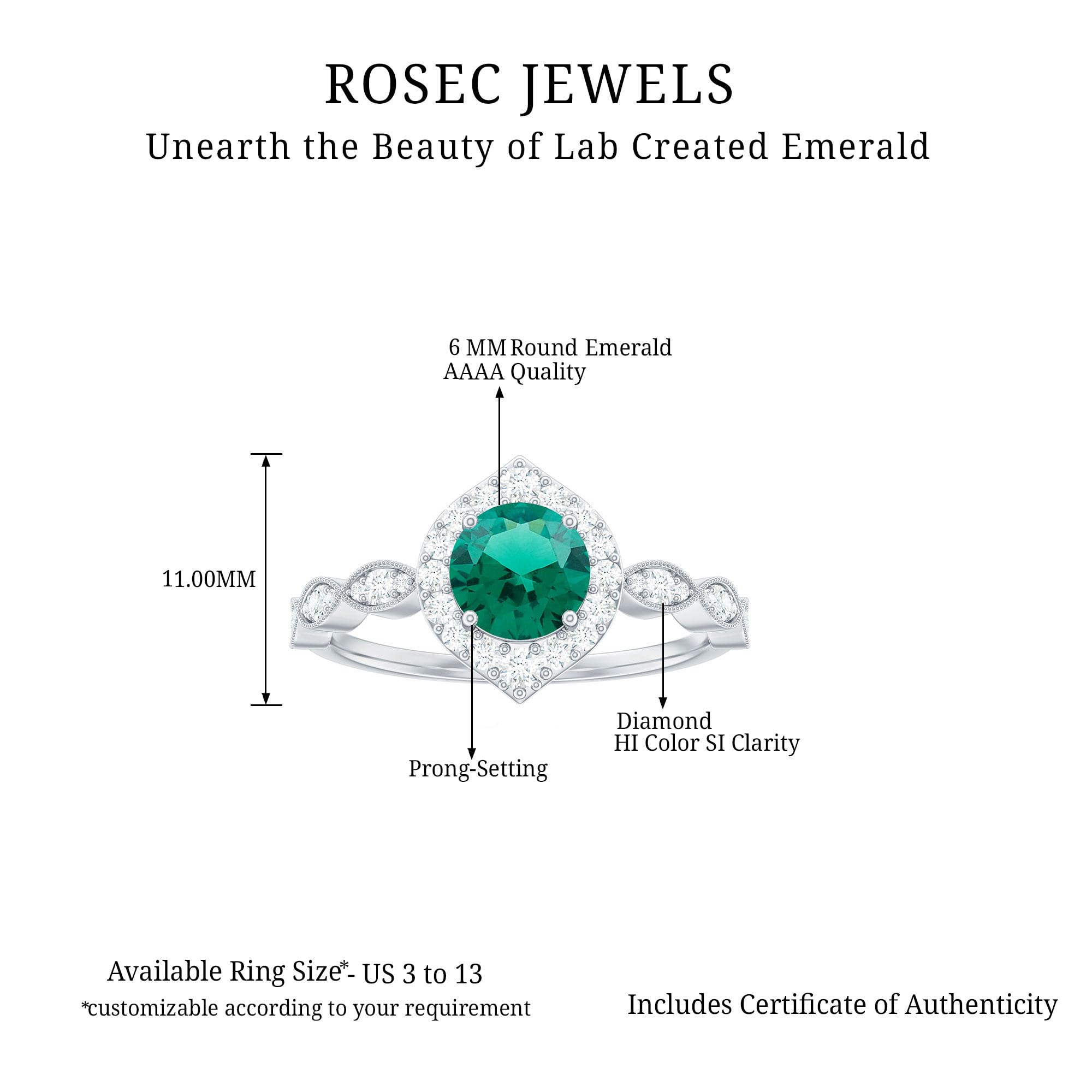 Lab Grown Emerald Diamond Engagement Ring, AAAA Quality, Certified 6 MM Round Emerald Halo Ring (With Jewelry Box), 14K White Gold, Size:US 5.00