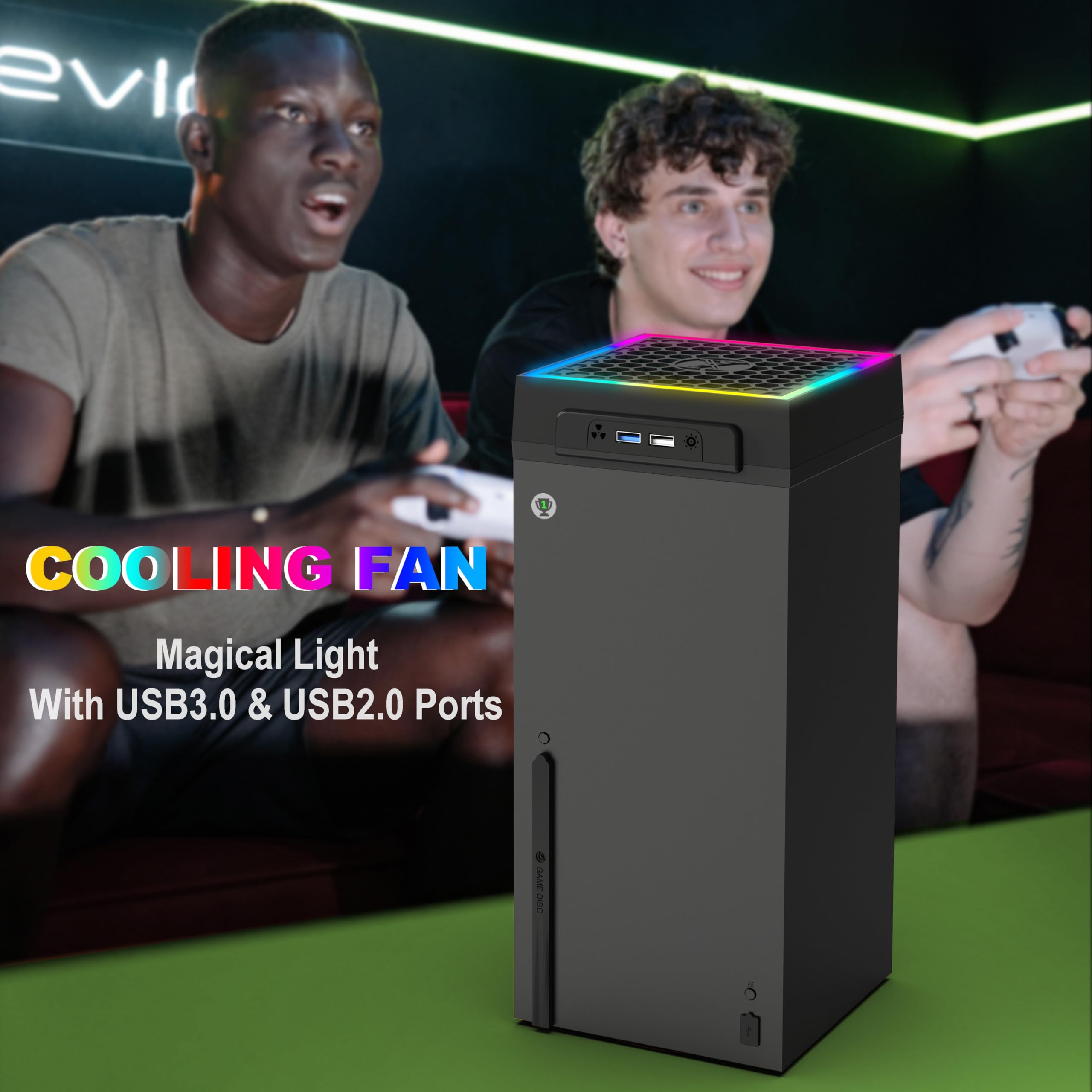 INITMMO Cooling Fan Dust Proof for Xbox Series X with Colorful Light Strip,Efficient Mute Top Cooler System,RGB LED Light& Independent Touch Switch,2 USB Ports,Xbox X Accessories with Extra Dust Plugs