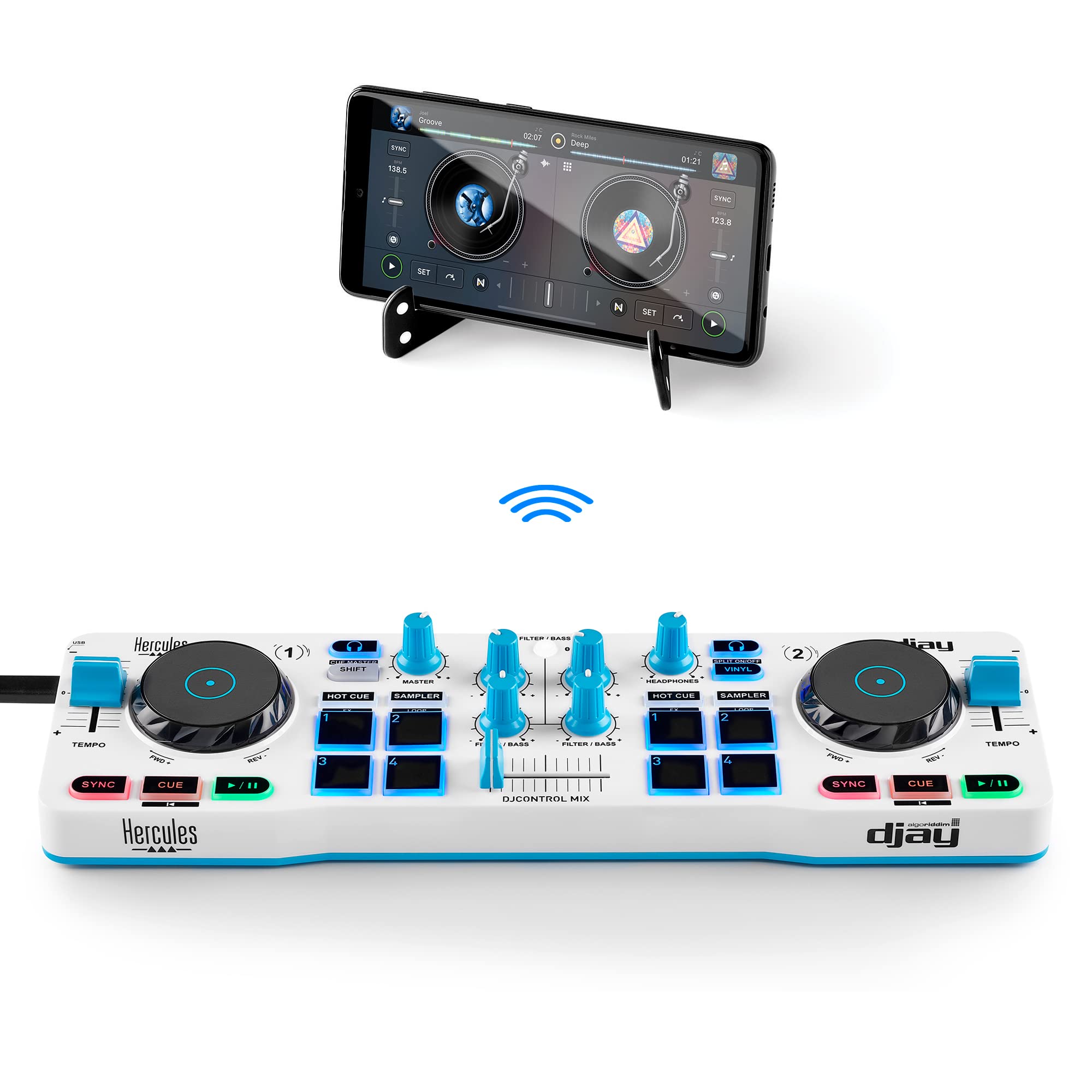 Hercules DJControl Mix Blue – Amazon Exclusive – Bluetooth Wireless DJ Controller for Smartphones (iOS and Android) – dJay app – 2 Decks