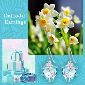 TOUPOP March Birth Flower Earrings 925 Sterling Silver Daffodils Floral Dangle Drop Hooks Earrings with Heart Aquamarine Birthstone Birthday Birth Moth Flower Jewelry Gifts for Women