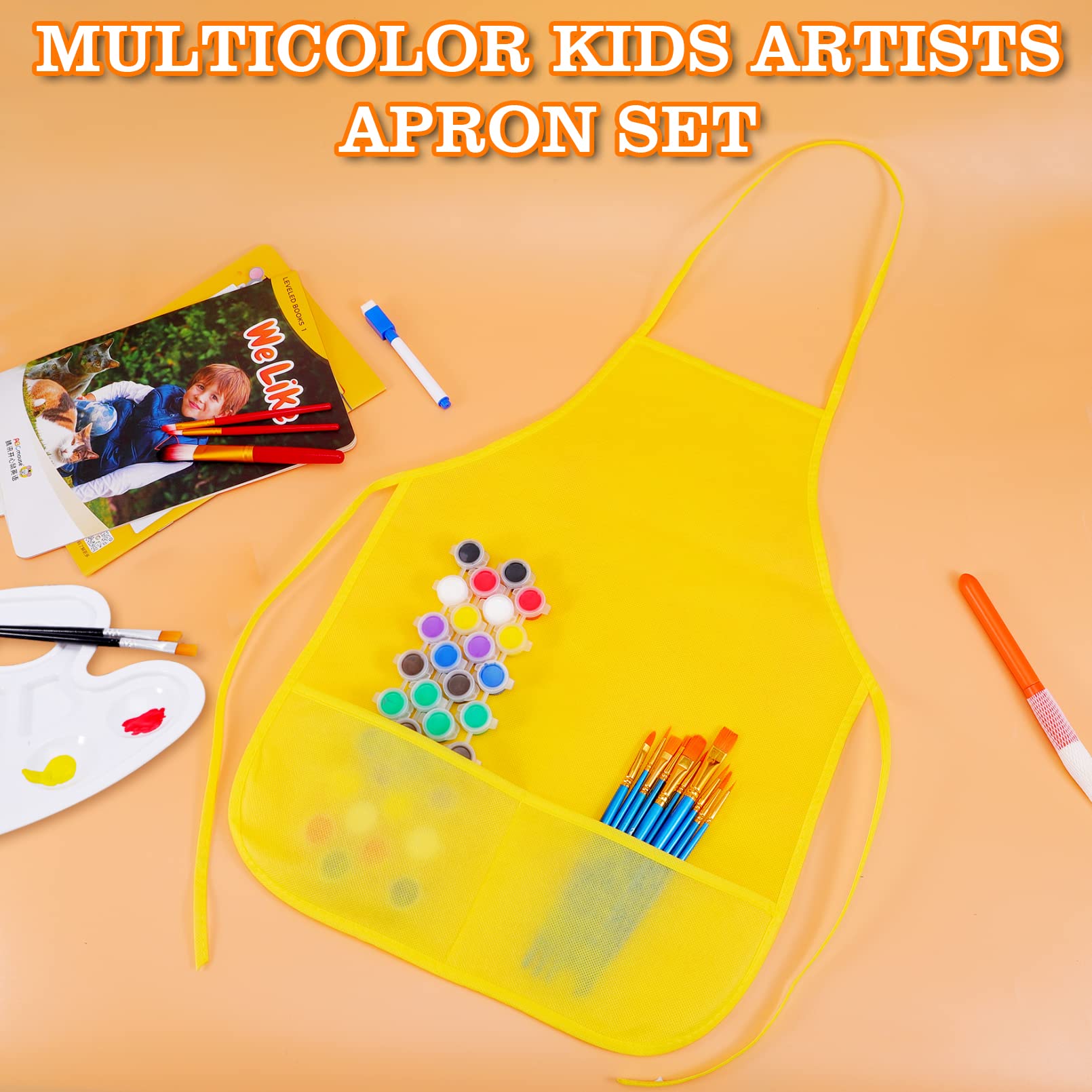 12Pcs Kids Painting Aprons,6 Color Kids Aprons for Painting,Children Painting Aprons Art Smocks with 2 Roomy pockets,Children's Artists Fabric Aprons for Kitchen,Classroom,Crafts&Art Painting Activity