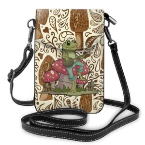 aesthetic frog playing banjo on mushroom cute crossbody cell phone purse women pu crossbody bag small crossbody black