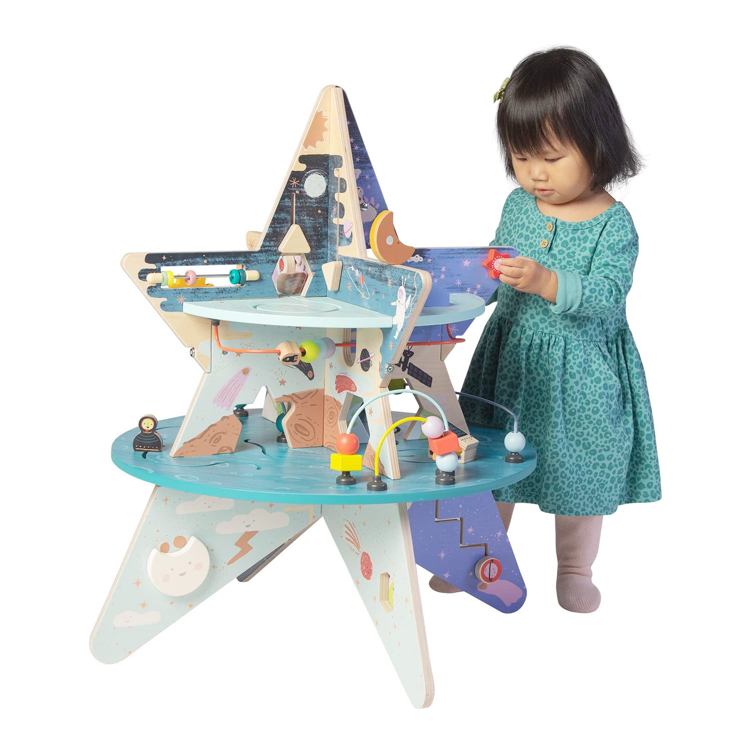 Manhattan Toy Double-Decker Celestial Star Explorer Wooden Activity Center with Shape Gliders, Spinners, Bead Runs and Alluring Artwork