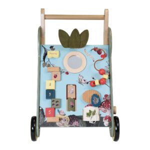 Manhattan Toy Wildwoods Owl Wooden Push Cart with Shape Sorter and Basket, Serrated Oval, Spinners, Bead Run and More Medium