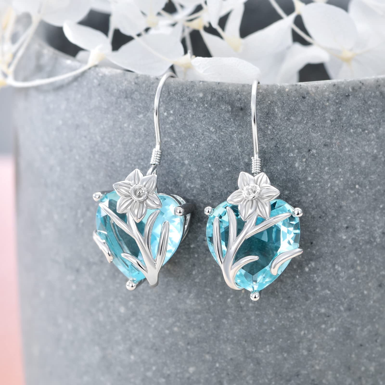 TOUPOP March Birth Flower Earrings 925 Sterling Silver Daffodils Floral Dangle Drop Hooks Earrings with Heart Aquamarine Birthstone Birthday Birth Moth Flower Jewelry Gifts for Women