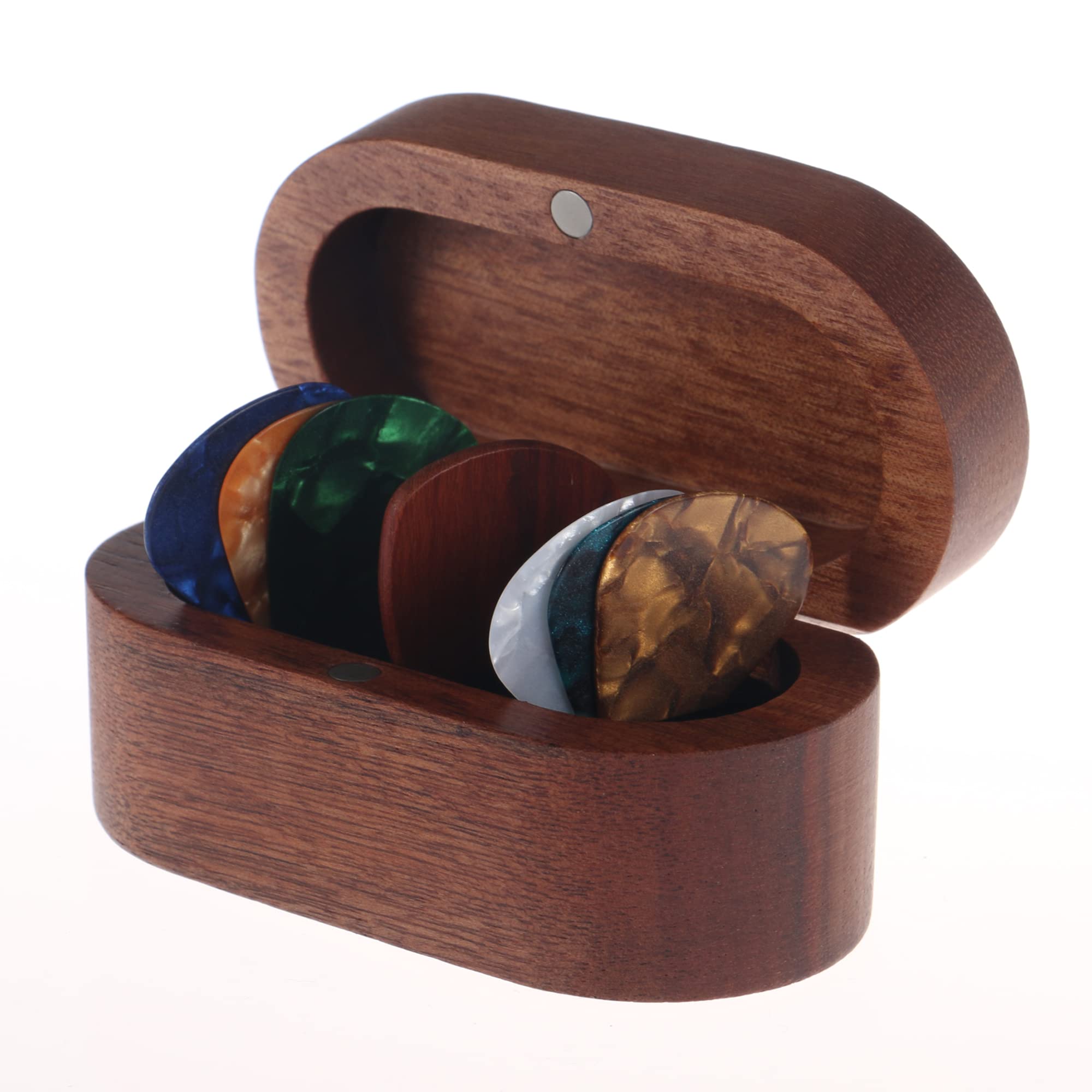 MYLYWOO Sapele Guitar Pick Holder Set with 1 Rosewood Pick and 6 Celluloid Picks in 3 Thicknesses, Mini Wooden Jewelry Organizers, Wood Color knick-knacks, 3.35×1.77×1.58 inches Storages