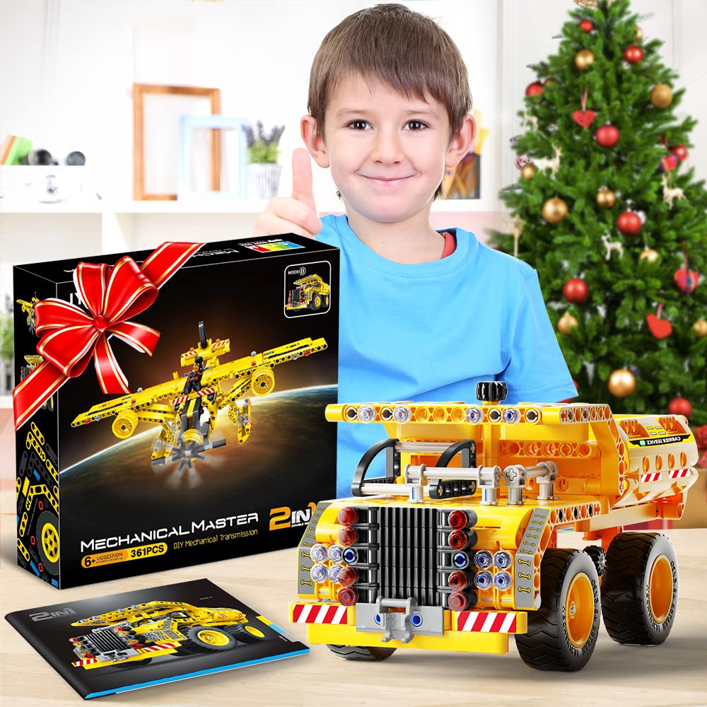 Jyusmile STEM Toy Building Toy for Age 6, 7, 8, 9, 10, 11, 12 Years Old Kids Boys Girls - 2-in-1 Truck Airplane Take Apart Toy, 361 Pcs DIY Building Blocks Kits, Engineering Construction Toy