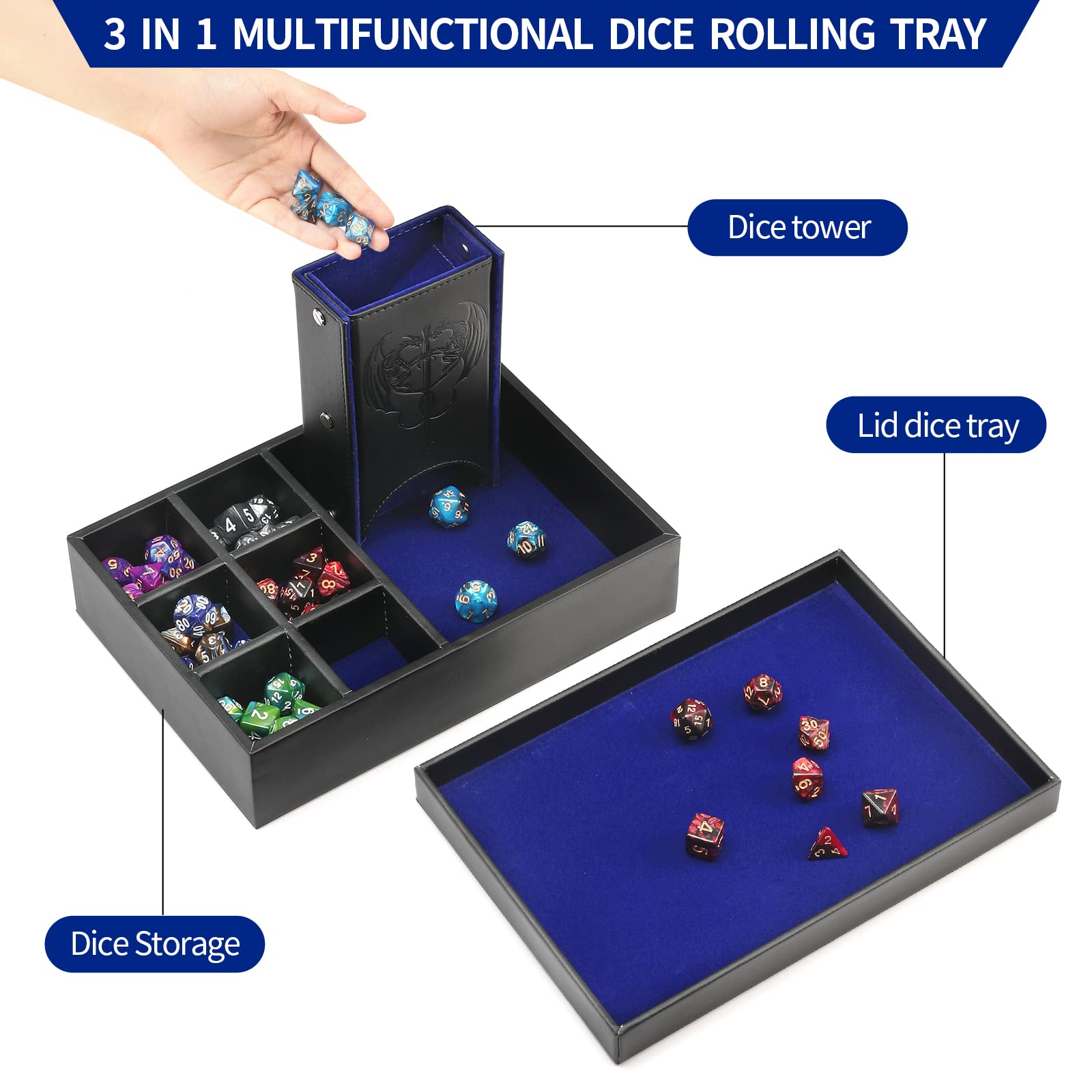 Grajar DND Dice Tray and Dice Tower with storage, 3 in 1 Dice Rolling Tray with Lid, Portable Dice Box Storage, DND dice holder for Dungeons and Dragons D&D RPG MTG Table Games - Blue