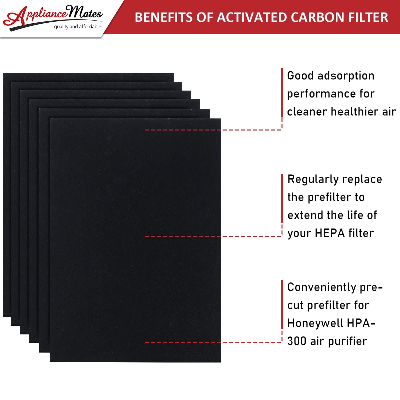 HRF-A300 Pre Filter A Replacement for Honeywell HPA300 Series HEPA Air Purifier, 6-Pack Pre-Cut Carbon Pre Filter