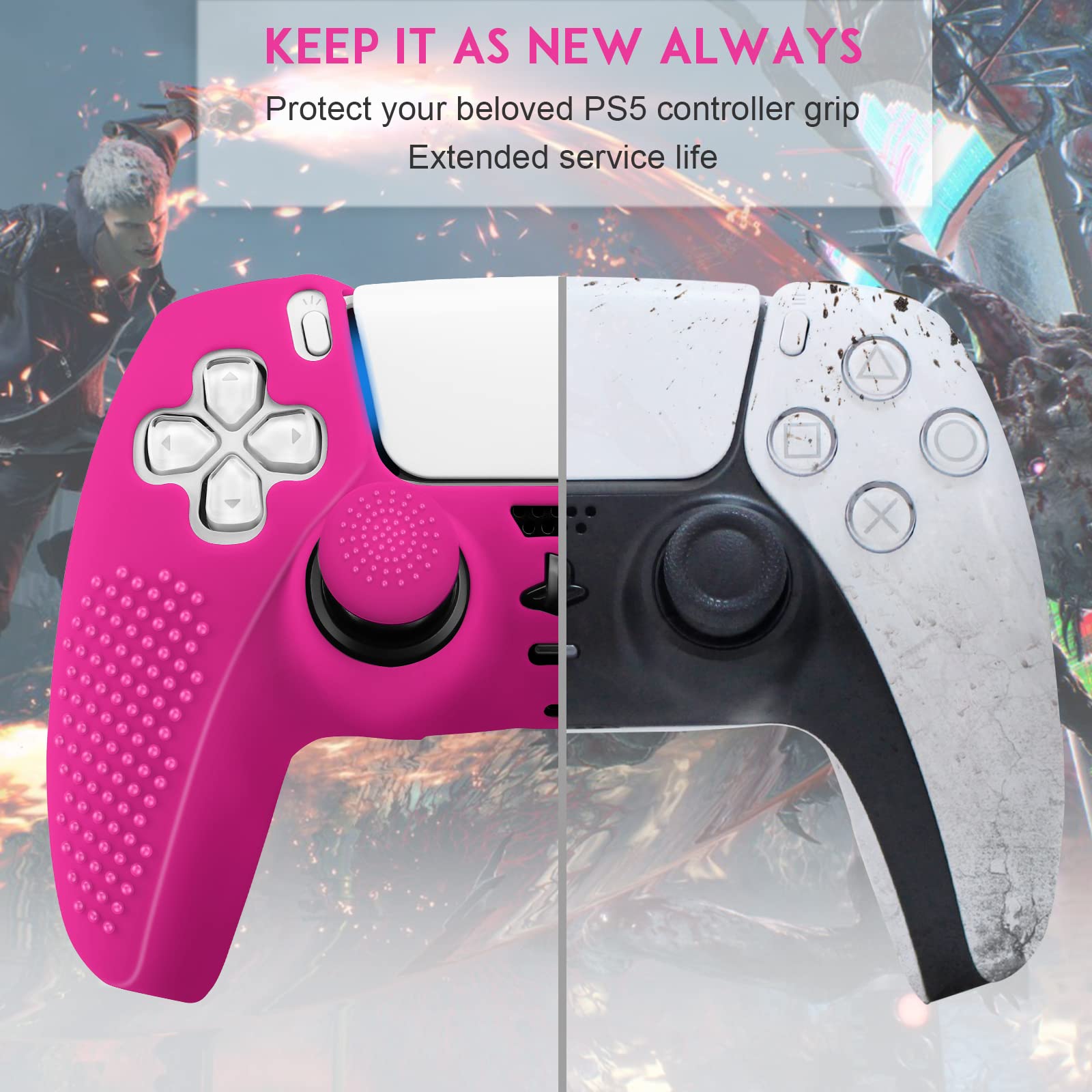 SIKEMAY [2 Pack] PS5 Controller Skin, Anti-Slip Thicken Silicone Protective Cover Case Perfectly Compatible with PlayStation 5 Controller Grip with 8 x Thumb Grip Caps - Nova Pink