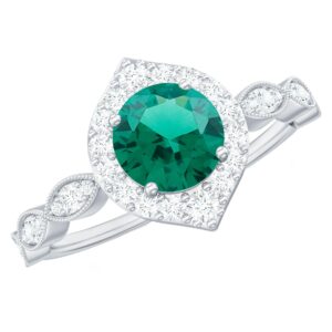 Lab Grown Emerald Diamond Engagement Ring, AAAA Quality, Certified 6 MM Round Emerald Halo Ring (With Jewelry Box), 14K White Gold, Size:US 5.00