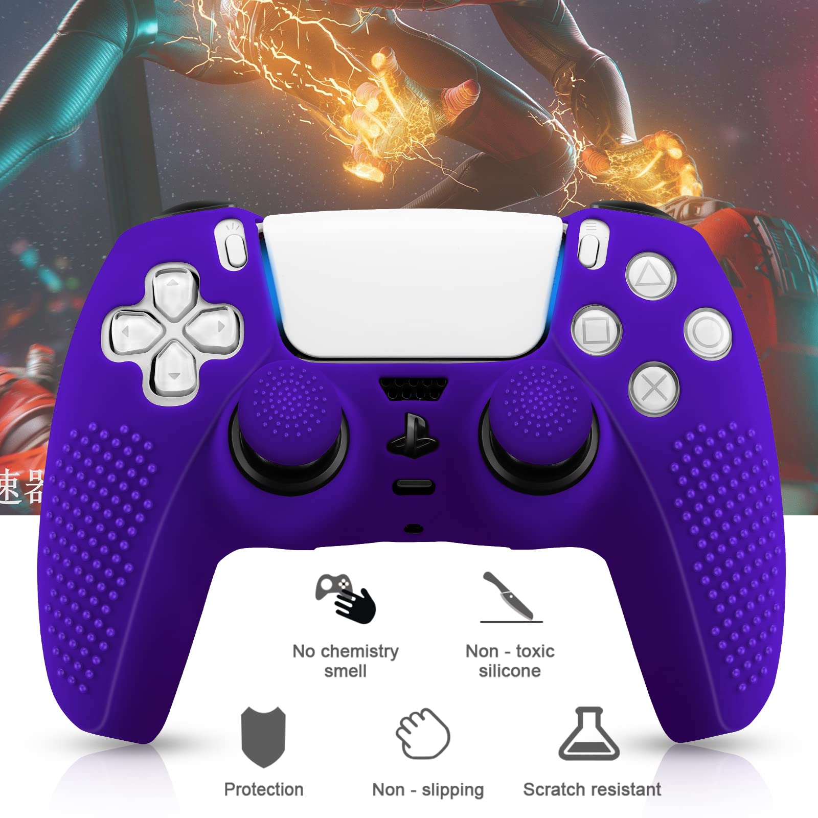 SIKEMAY [2 Pack] PS5 Controller Skin, Anti-Slip Thicken Silicone Protective Cover Case Perfectly Compatible with PlayStation 5 Dualsense Controller Grip with 8 x Thumb Grip Caps - Galactic Purple