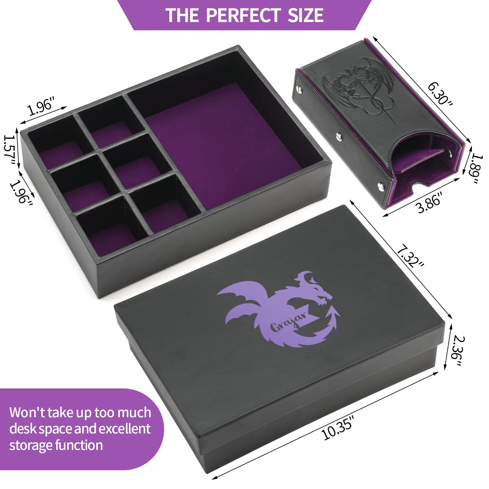 Grajar DND Dice Tray and Dice Tower with Storage, 3 in 1 Dice Rolling Tray with Lid, Portable Dice Box Storage, DND dice Holder for Dungeons and Dragons D&D RPG MTG Table Games - Purple