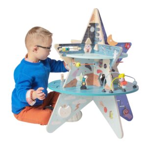 Manhattan Toy Double-Decker Celestial Star Explorer Wooden Activity Center with Shape Gliders, Spinners, Bead Runs and Alluring Artwork