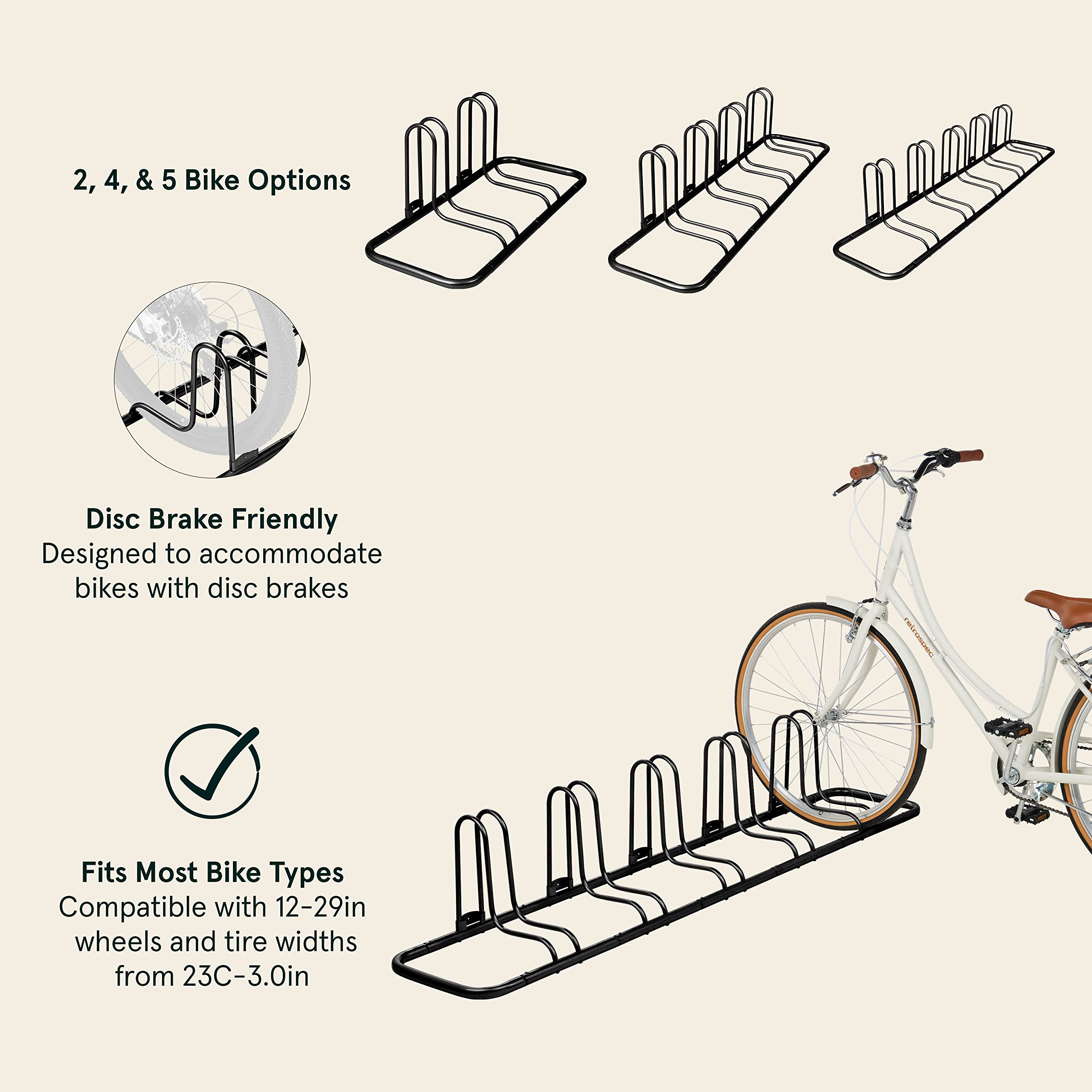 Retrospec Stash Rack 2, 4 & 5 Bike Floor Stand Bicycle Storage Organizer for Mountain Bike, Road Bike, Weather Resistant Fine Powder Steel Coating Fits Wheels up to 3", Black, 5 Bike