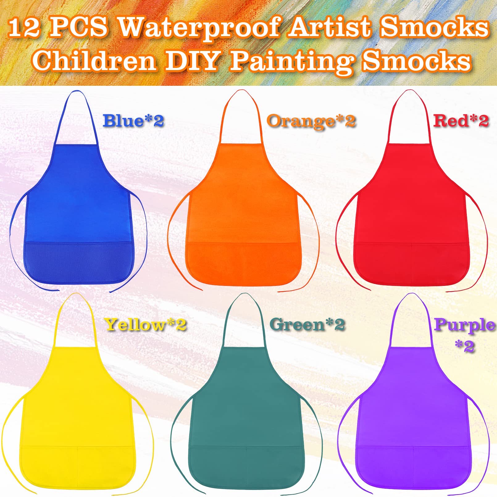 12Pcs Kids Painting Aprons,6 Color Kids Aprons for Painting,Children Painting Aprons Art Smocks with 2 Roomy pockets,Children's Artists Fabric Aprons for Kitchen,Classroom,Crafts&Art Painting Activity