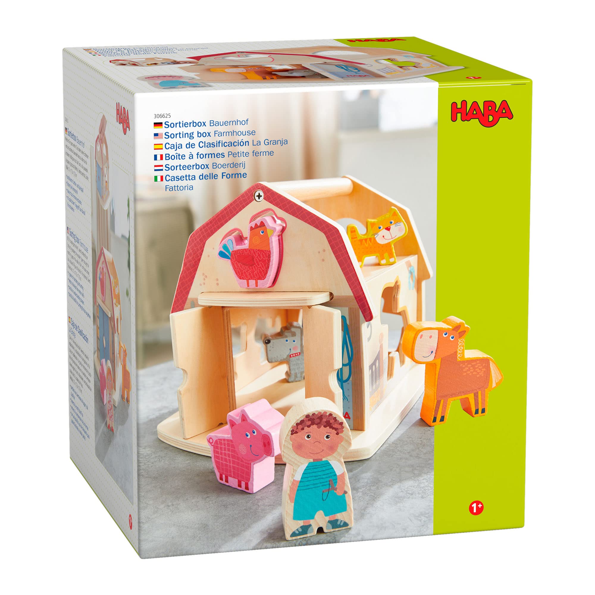 HABA Farmhouse Sorting Box Wooden Shape Sorter Toy with 6 Chunky Wood Farm Animals