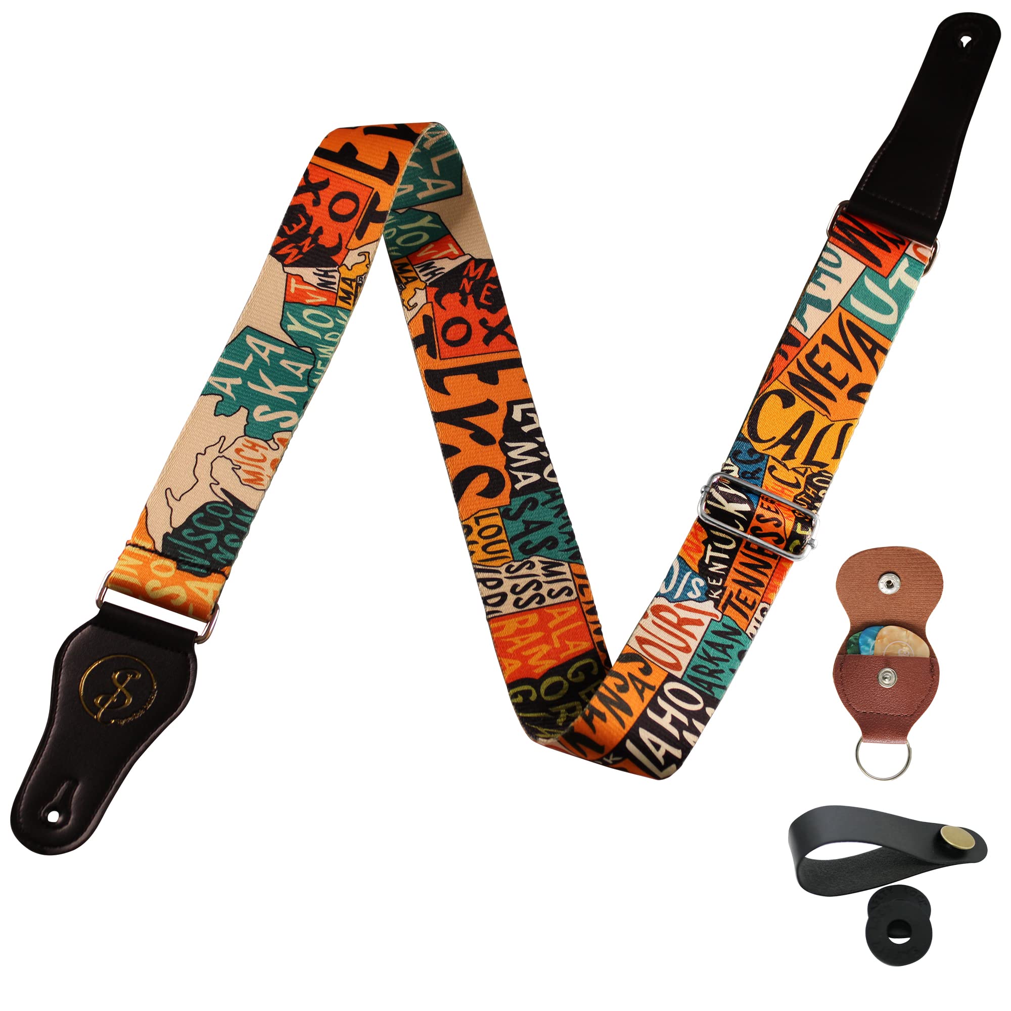 Speedee Music Embroidered Guitar Strap Kit - 1 US Map Camo Design Guitar Strap, 3 Guitar Picks, 2 Strap Locks, 1 Button Headstock Adaptor, and More - Strap Gift Set for Acoustic, Electric Guitars