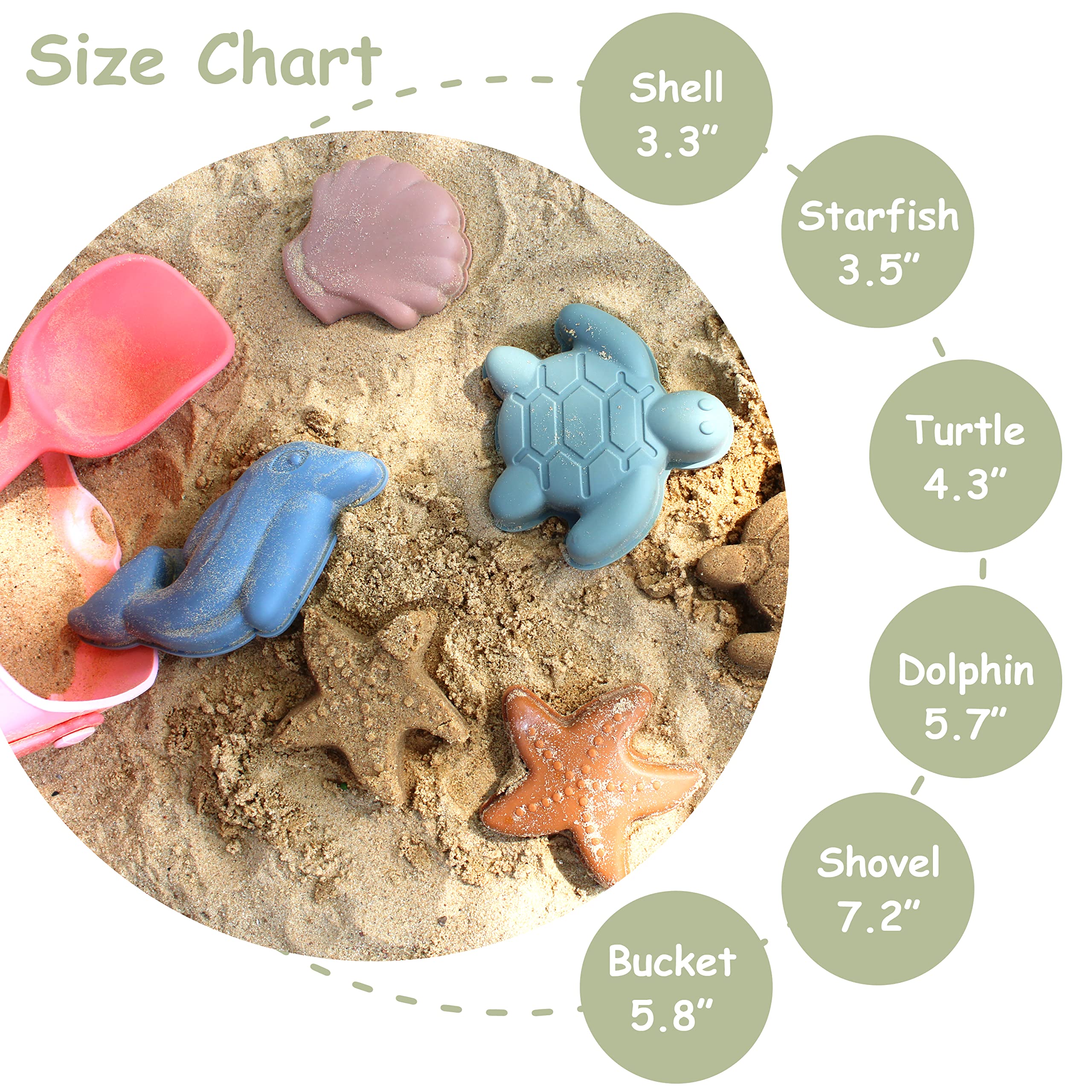 Silicone Beach Toy for Kids – Travel Friendly Sand Toy - Building Sand Castles with Collapsible Sand Bucket, Rounded Shovel and 4 Sea Creature Sand Molds for Kids Age 3+