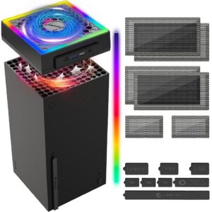 initmmo cooling fan dust proof for xbox series x with colorful light strip,efficient mute top cooler system,rgb led light& independent touch switch,2 usb ports,xbox x accessories with extra dust plugs