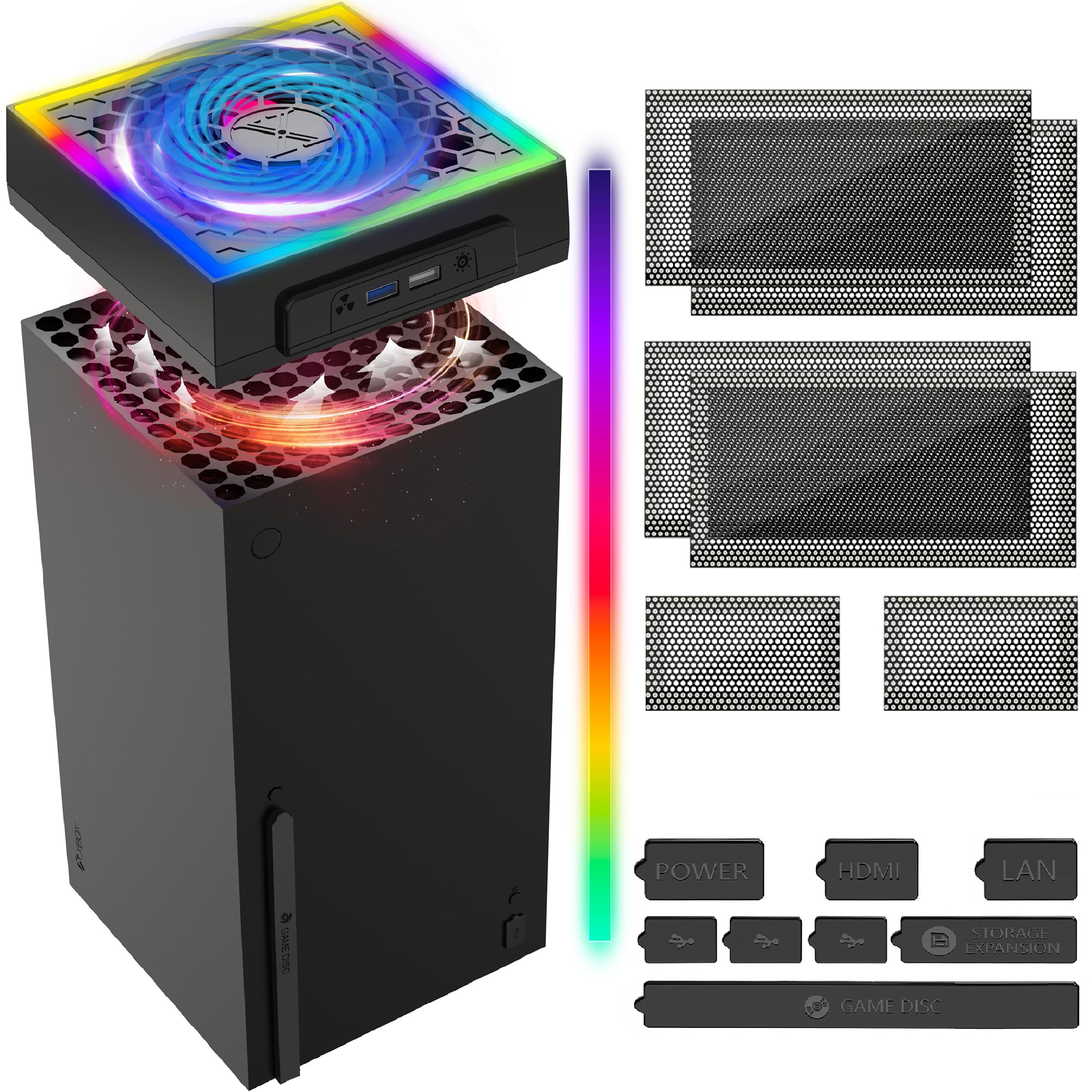 INITMMO Cooling Fan Dust Proof for Xbox Series X with Colorful Light Strip,Efficient Mute Top Cooler System,RGB LED Light& Independent Touch Switch,2 USB Ports,Xbox X Accessories with Extra Dust Plugs