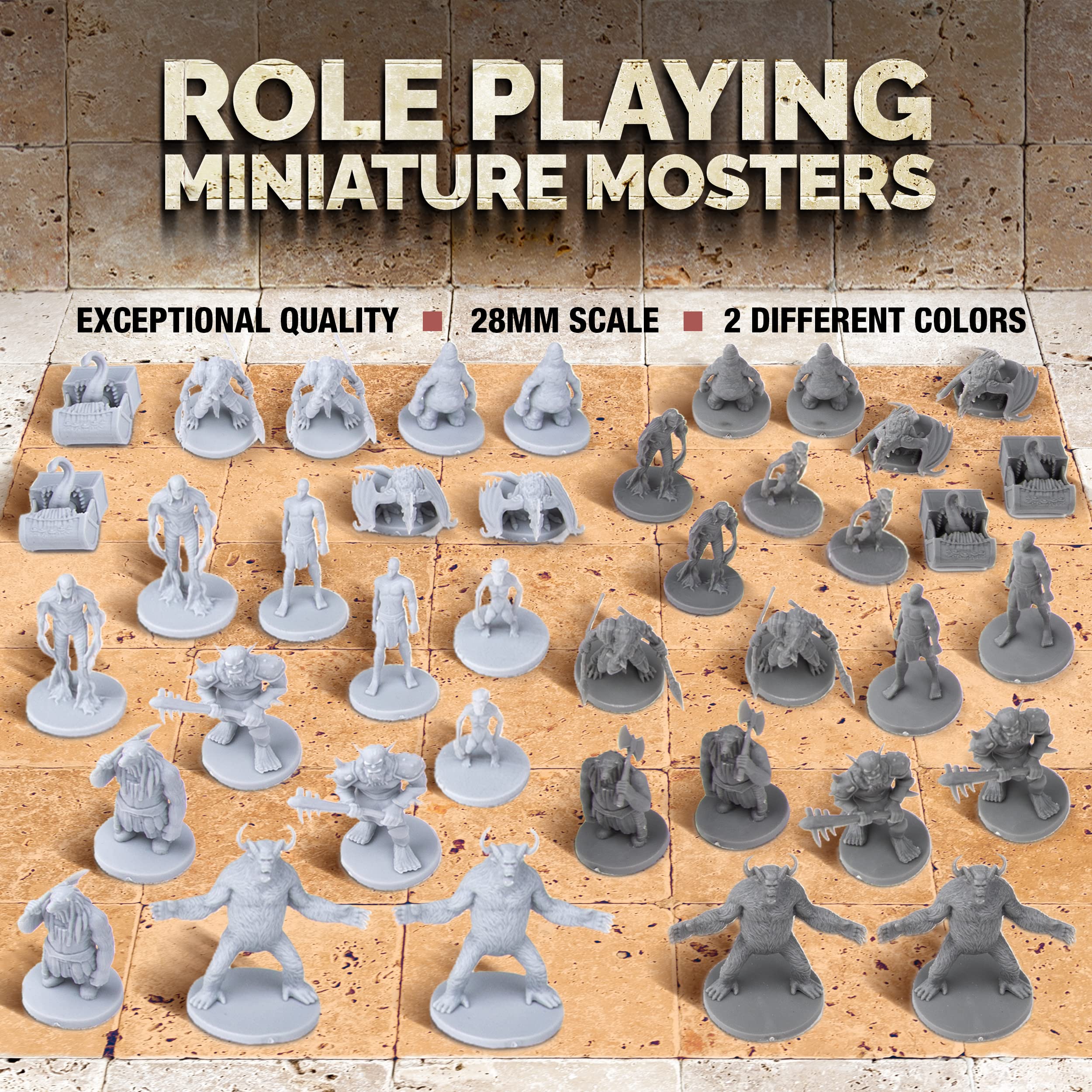 Path Gaming 40 Miniature Monsters Fantasy Tabletop RPG Figures for Dungeons and Dragons, Pathfinder Roleplaying Games. 28MM Scaled Miniatures, 10 Unique Designs, Bulk Unpainted, Great for D&D/DND