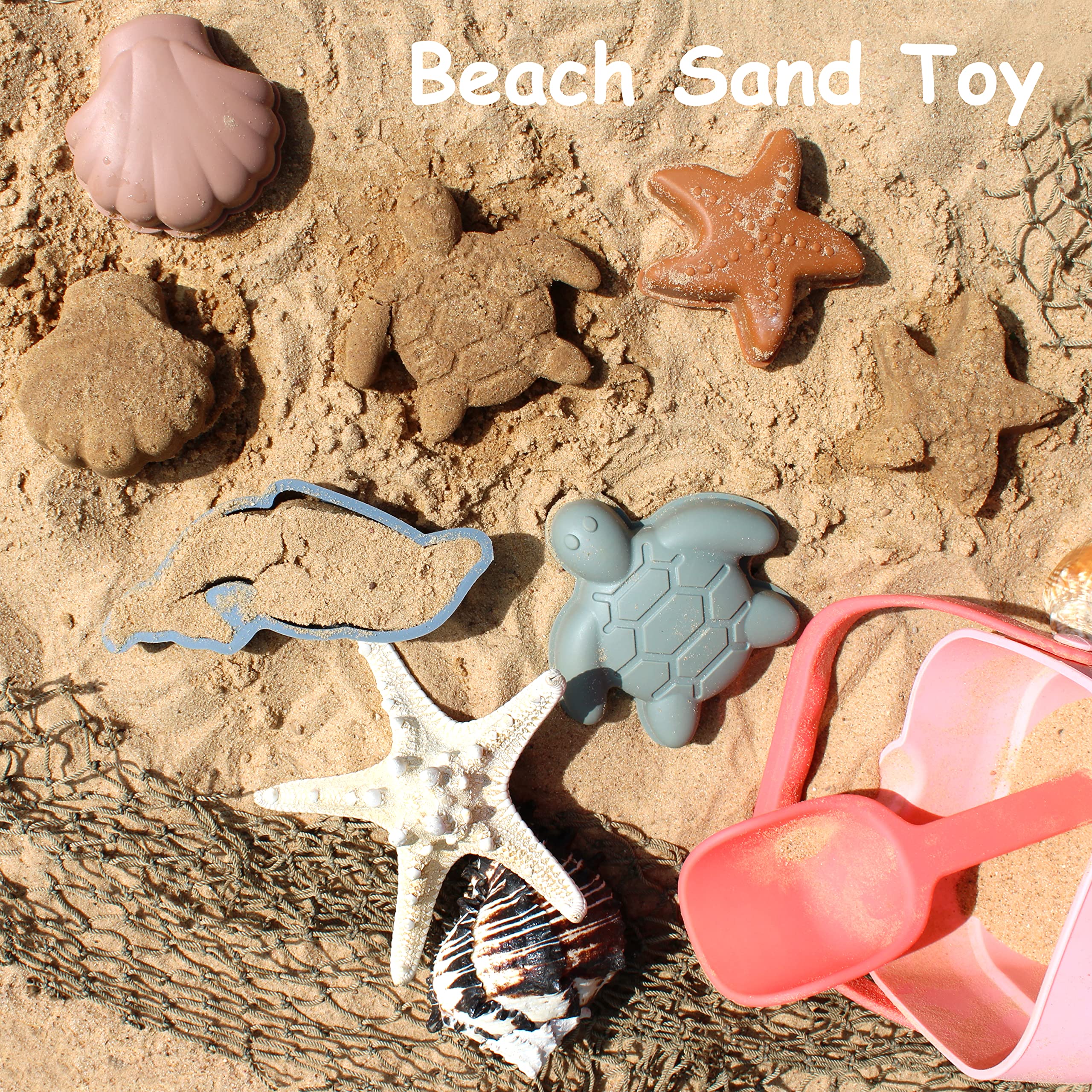 Silicone Beach Toy for Kids – Travel Friendly Sand Toy - Building Sand Castles with Collapsible Sand Bucket, Rounded Shovel and 4 Sea Creature Sand Molds for Kids Age 3+