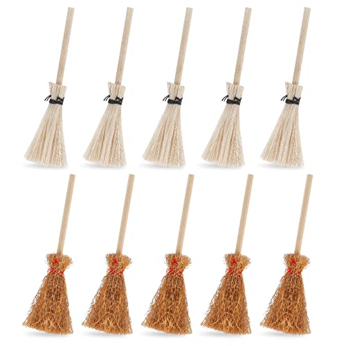 Cobee Dollhouse Miniature Broom, 10Pcs Mini Straw Broom Doll House Furniture Decor Witches Prop Broom Dollhouse Accessories Party Supplies