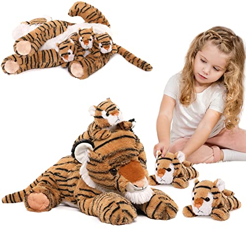 MaoGoLan Tiger Stuffed Animals, Stuffed Mommy Tiger with 3 Cubs, 4 PCs Large Tiger Plush Set for Boys Girls, Birthday Gift 20 inches