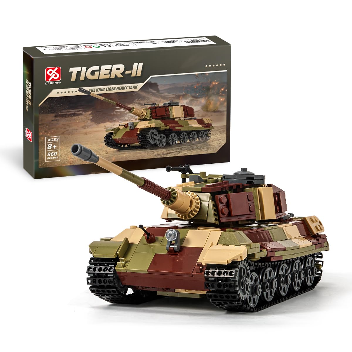 DAHONPA Tiger II Army Tank Building Block(900+ PCS),WW2 Military Historical Collection Tank Model with Soldier Figures,Toys Gifts for Kid and Adult