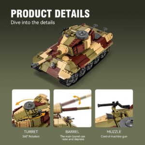 DAHONPA Tiger II Army Tank Building Block(900+ PCS),WW2 Military Historical Collection Tank Model with Soldier Figures,Toys Gifts for Kid and Adult