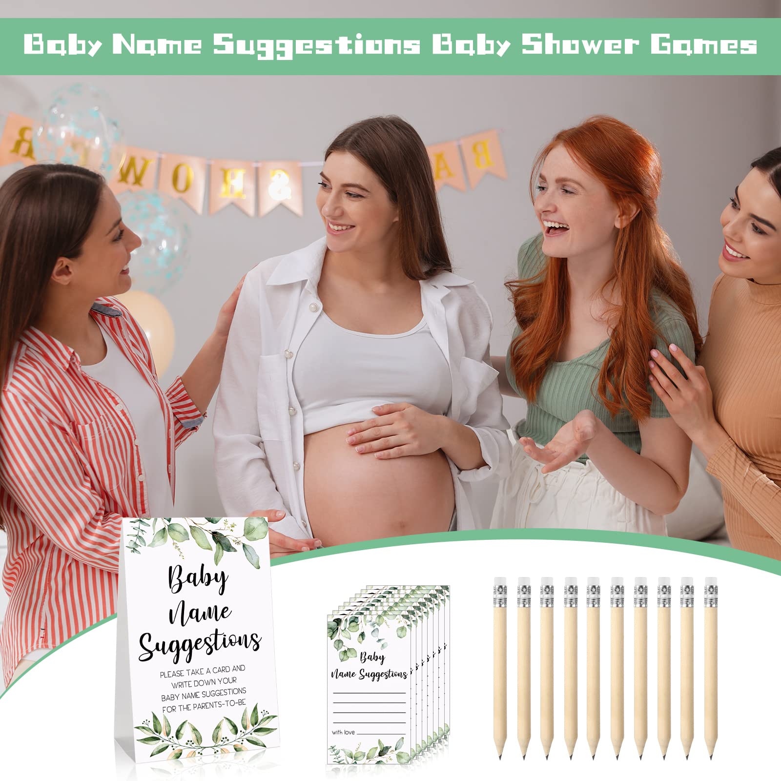 61 Pieces Baby Shower Games Include Greenery Baby Name Suggestion Sign and 50 Baby Shower Name Suggestion Cards with 10 Pencils for Baby Shower Party Decor