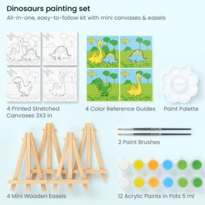 ARTEZA Kids Dinosaur Painting Kit, 4 Canvases 3 x 3 Inches, 4 Easels, 12 Acrylic Paints, 2 Paint Brushes, 1 Palette, Kids Activities for Ages 6 and Up